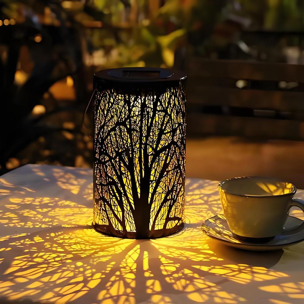 Luz solar árbol luces de hierro hueco linternas al aire libre patio jardín paisaje adornos césped decoración luz de la noche