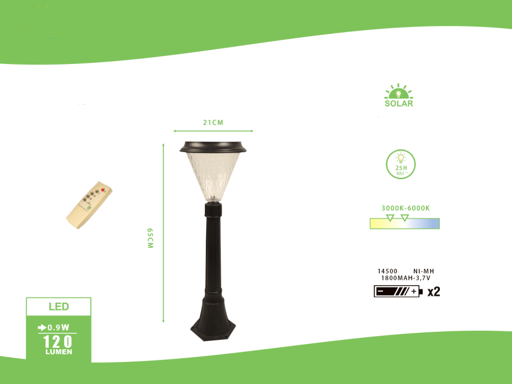 60086 lámpara solar para cesped ,65x21cm,con cabeza de forma diamante,luz blanca calida ,6 piezas