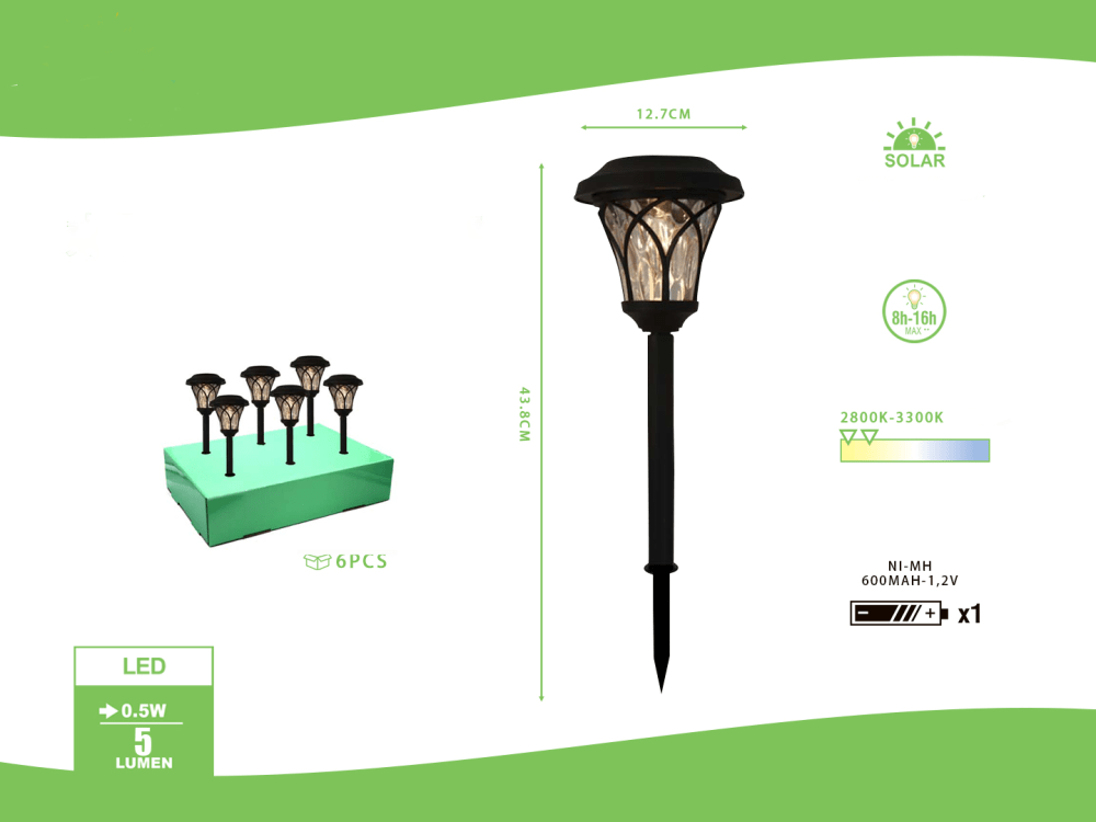 lámpara solar para cesped ，44x13cm,con cabeza rayada ，luz blanca calida ,6 piezas